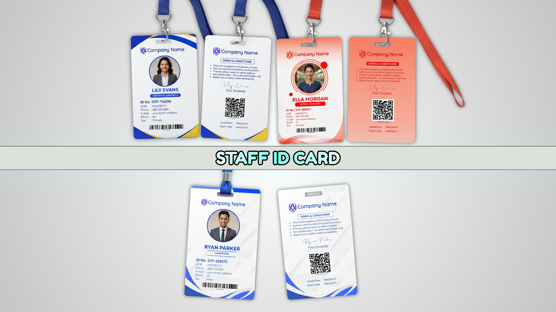 Staff ID Card Canva Template — 3 Editable Designs with Front and Back Side for Teams and Volunteers