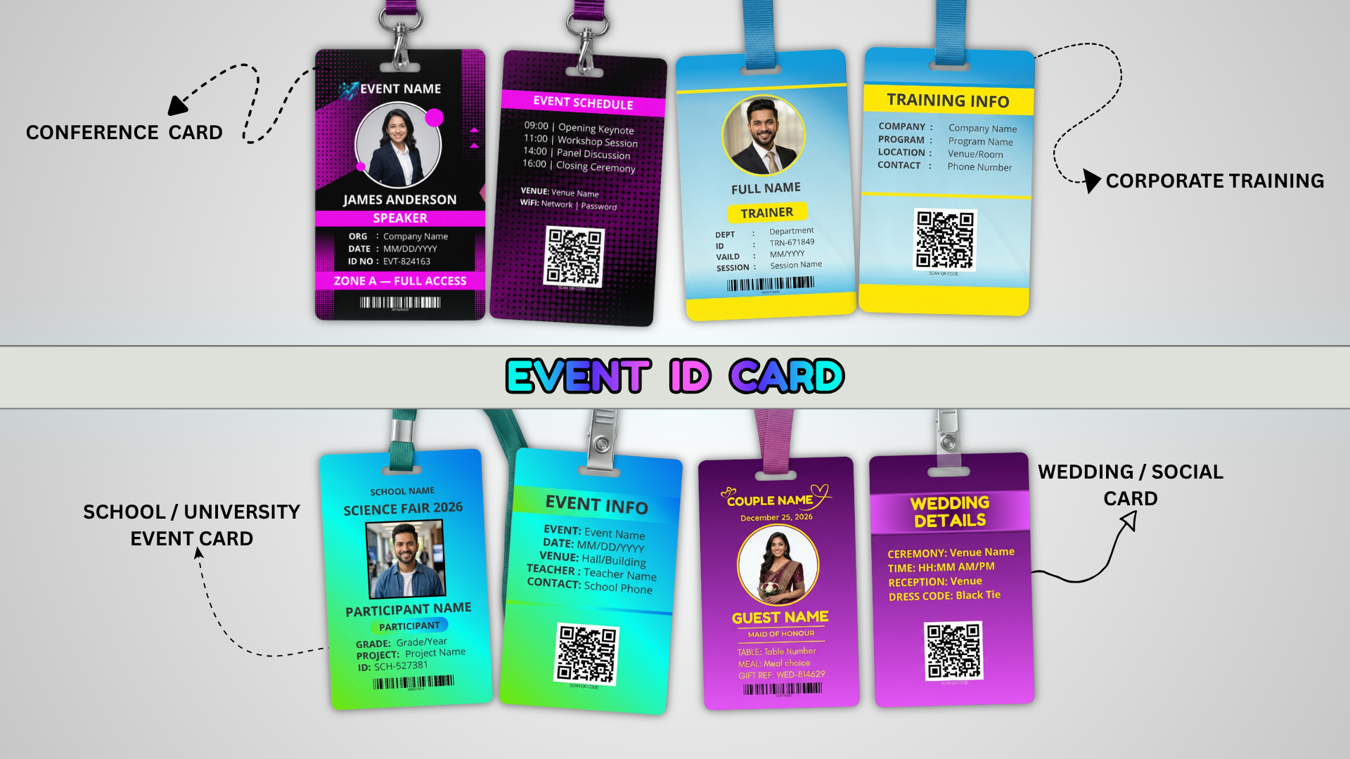 Event Badge ID Card Canva Template — 4 Editable Designs with Front and Back Side for Conferences and Events