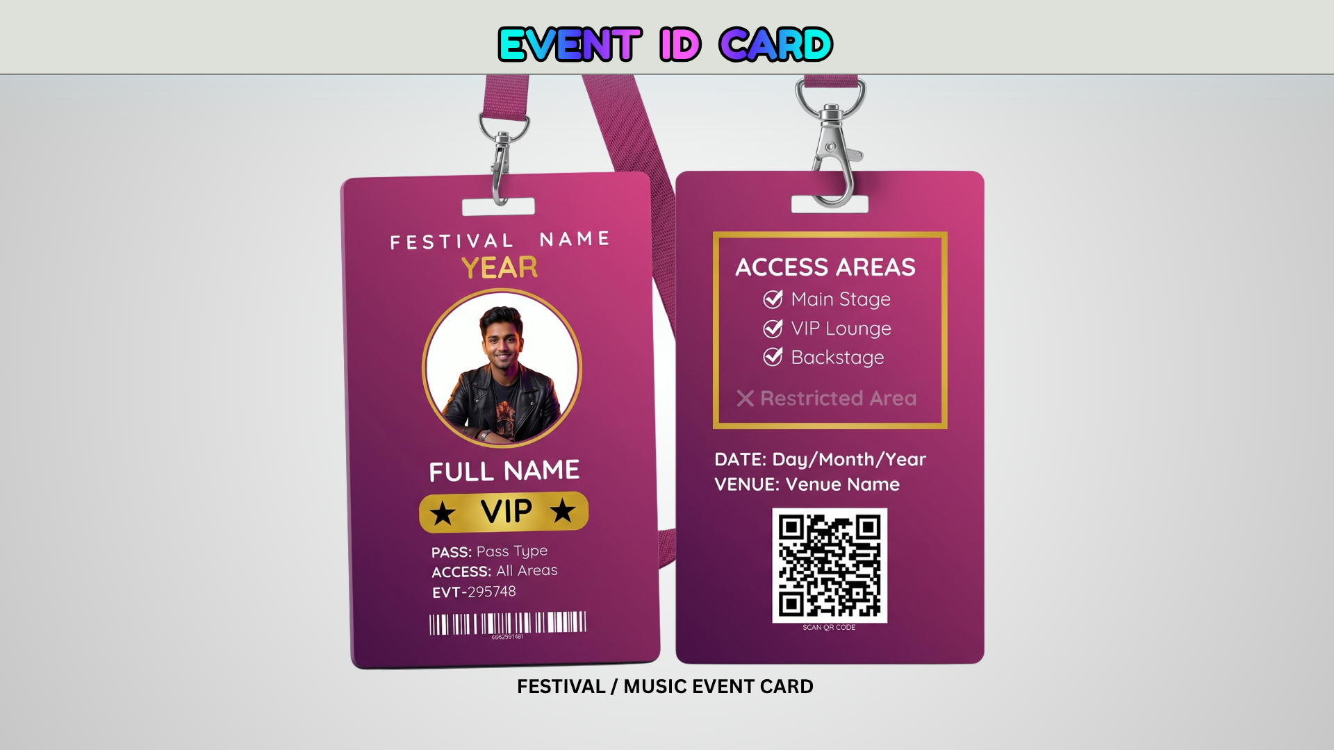 Event Badge ID Card Canva Template — Single Editable Design with Front and Back Side for Conferences and Events