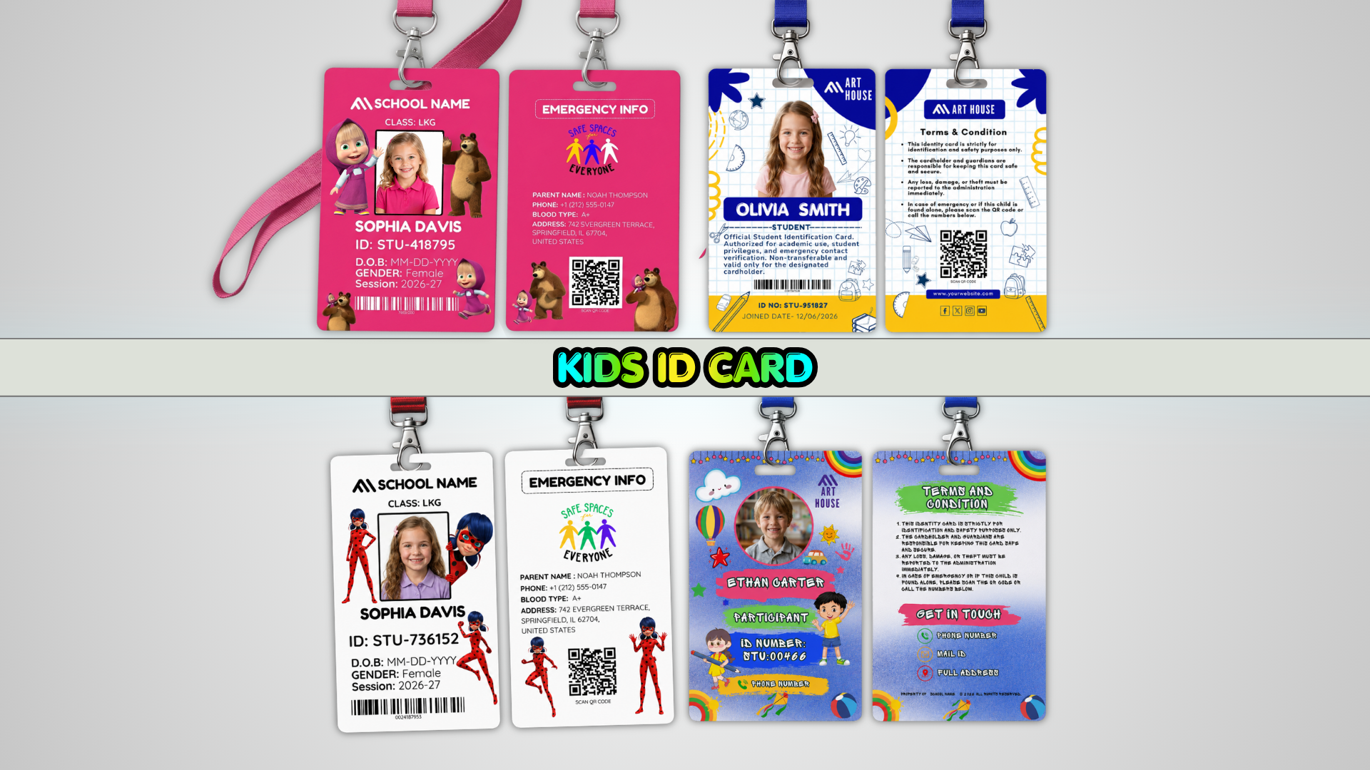 Kids ID Card Canva Template — 4 Editable Designs for Children Ages 5 to 12 with Front and Back Side