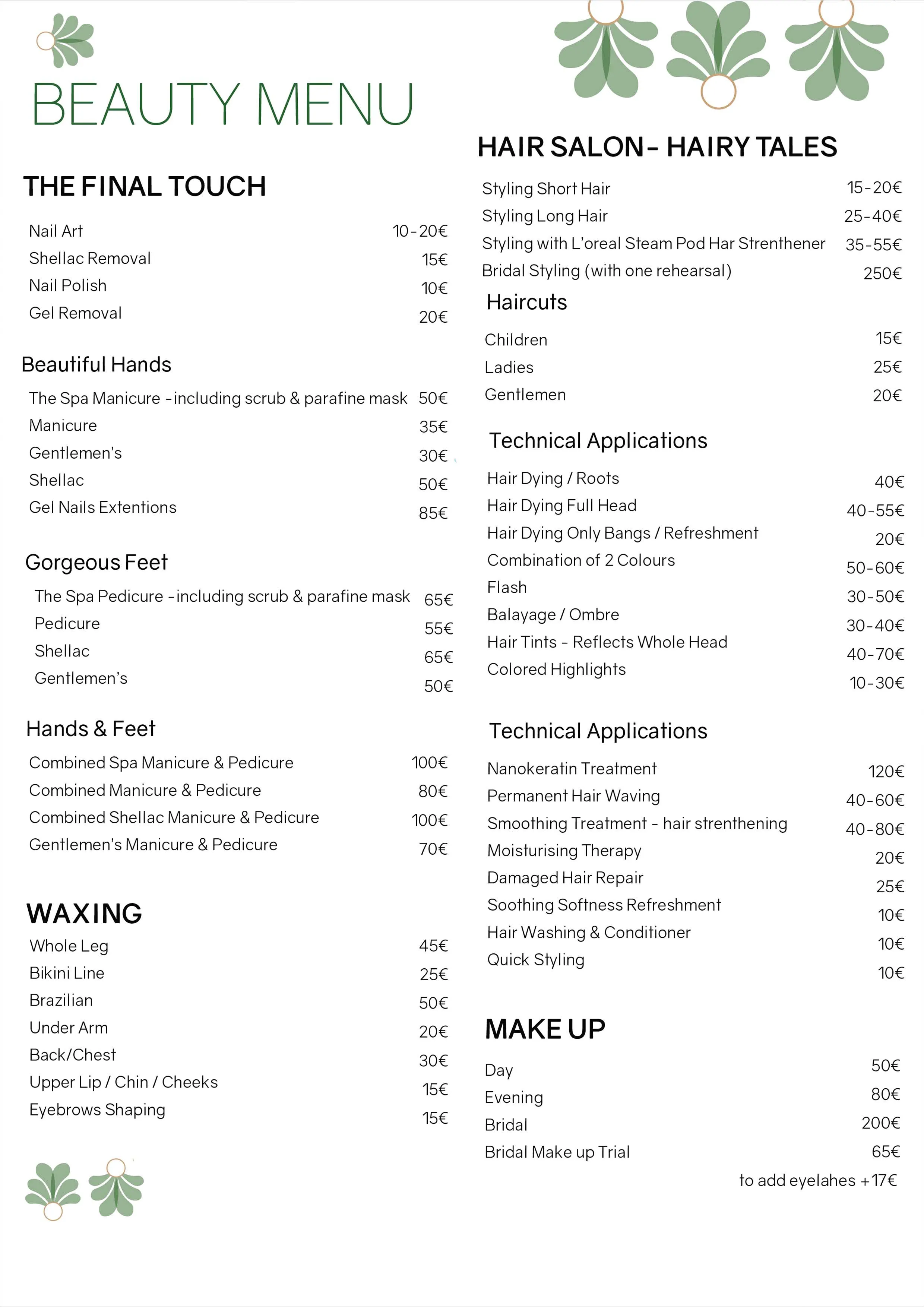 Beauty Menu — μενού Lalon Idor Spa