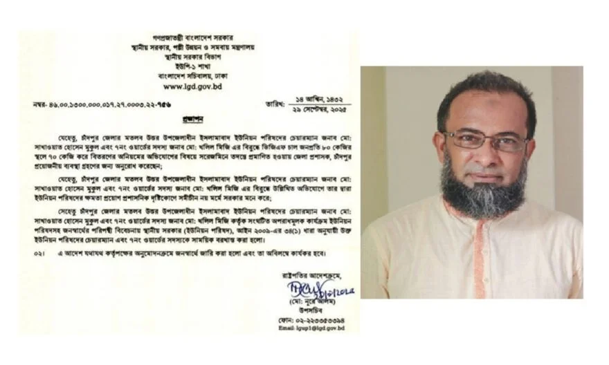 অনিয়মের অভিযোগে মতলব ইসলামাবাদ ইউপির চেয়ারম্যান সাখাওয়াত বরখাস্ত