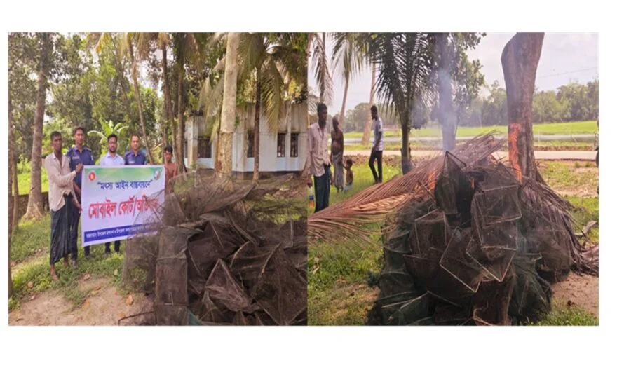 শাহরাস্তিতে ডাকাতিয়ায় নিষিদ্ধ চায়না দুয়ারি ও রিং জাল ধ্বংস