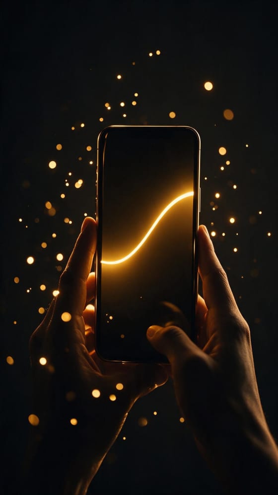 Manos sosteniendo un teléfono con una curva de crecimiento luminosa