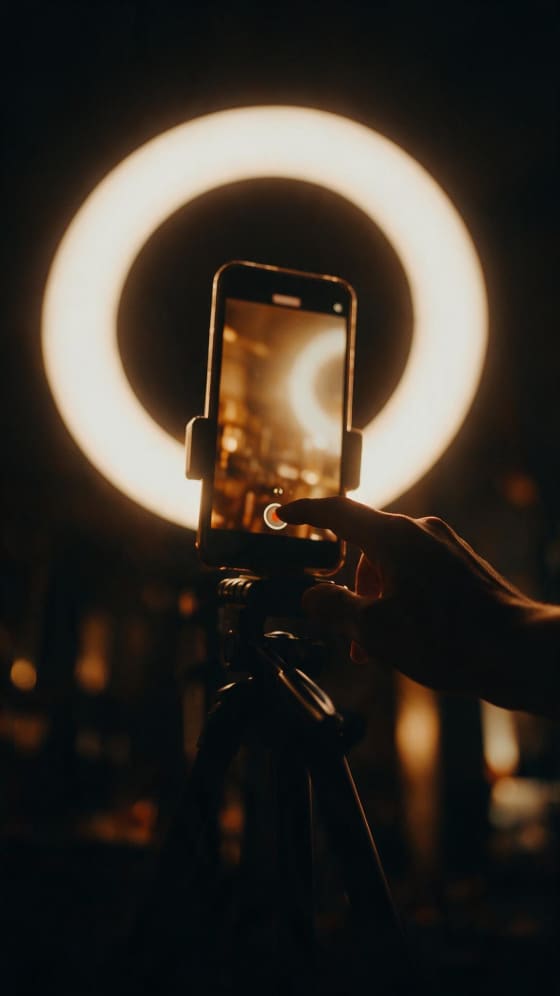 Teléfono grabando en un trípode delante de un aro de luz