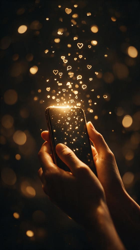 Corazones de luz saliendo de la pantalla de un teléfono