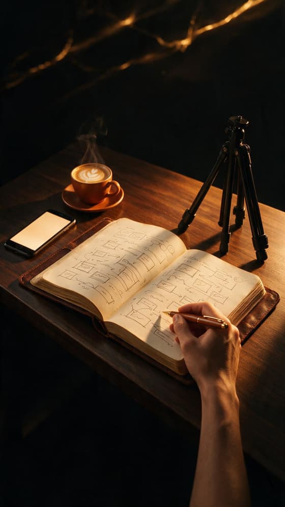 Escritorio con un cuaderno de plan de contenido, un teléfono y un trípode