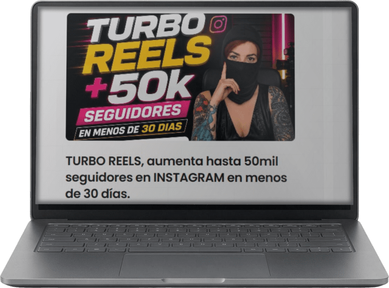 Portátil de frente mostrando el banner de Turbo Reels: aumenta hasta 50 mil seguidores en menos de 30 días