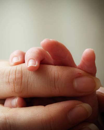 Adult hand holding an infant hand