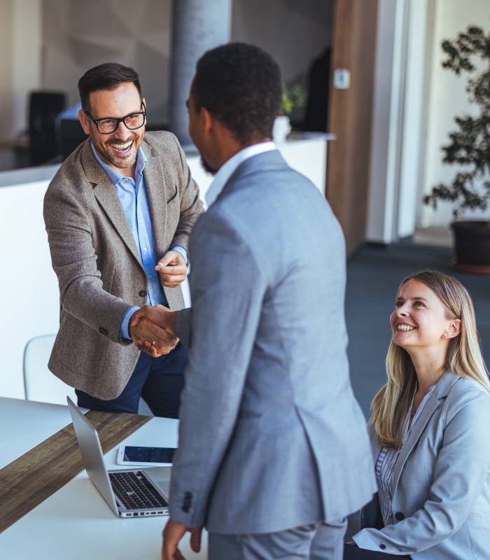 Colleagues Greeting New Team Member with Handshake in Modern Office