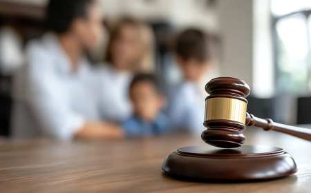 A gavel with a family in the background