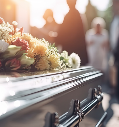 People surrounding a casket covered in flowers.