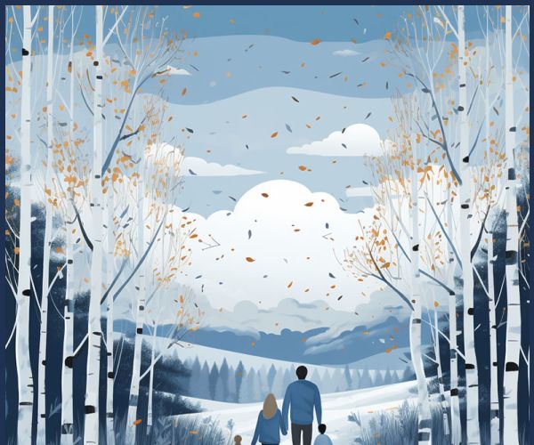 A family walking throw a wooded area.