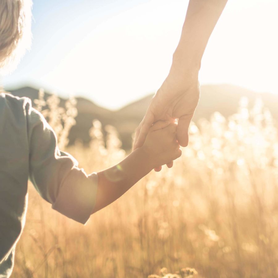 a son holding this mother's hand in a bright sunny field