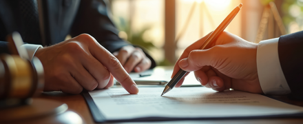 An attorney instructing his client where to sign on document