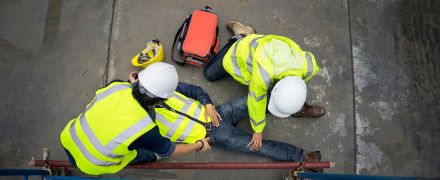 Basic first aid training for support accident in site work, Builder accident fall scaffolding to the floor,