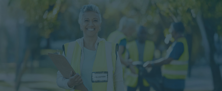 Clipboard, volunteering portrait and woman in park cleaning, community service and pollution or waste checklist.