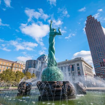 Downtown Cleveland skyline and Fountain of Eternal Life Statue