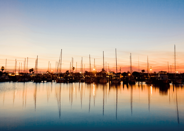 Rockport, Texas harbor at sunset