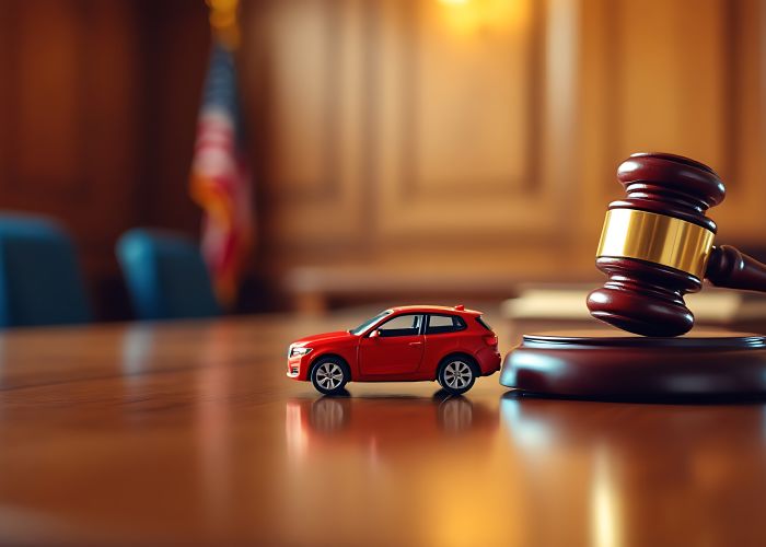 Model car with gavel in courtroom
