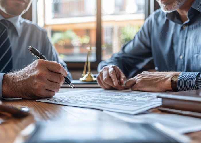 Lawyer reviewing property deeds with a client, intense discussion about divorce settlement, divorce lawyer property, consultation on property rights