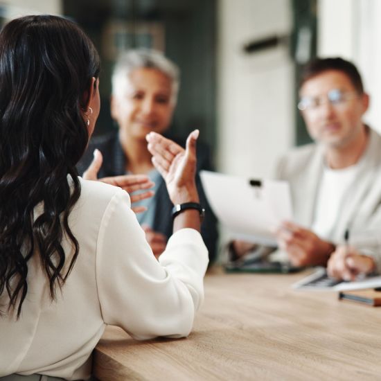 Business, woman and meeting with discussion in office for risk assessment, strategy development and eco project.