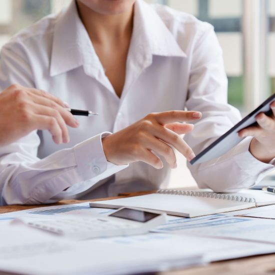 Group of IT consultant working by digital tablet and management big data and analyze financial document of company.