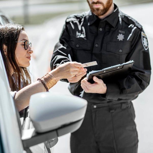A driver handing her license over to a cop