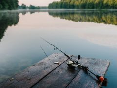 Fishing pole on a dock on lake