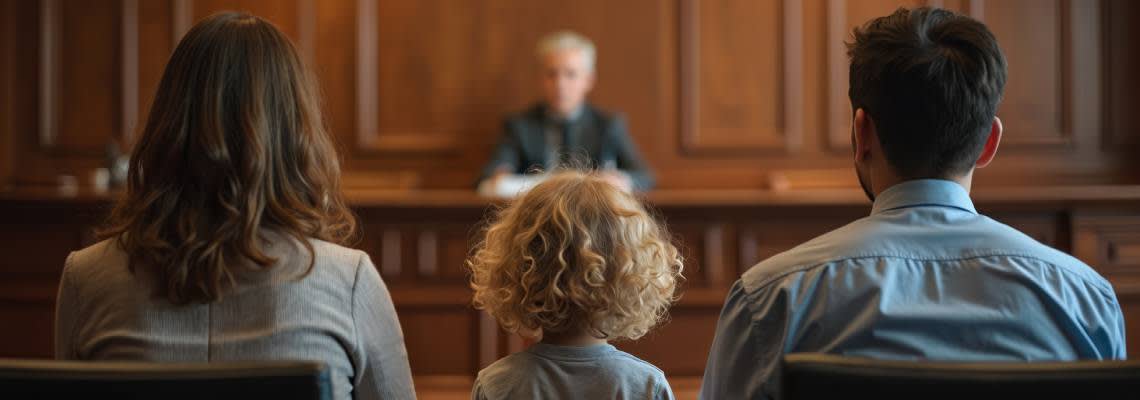 Divorced couples with child in courtroom