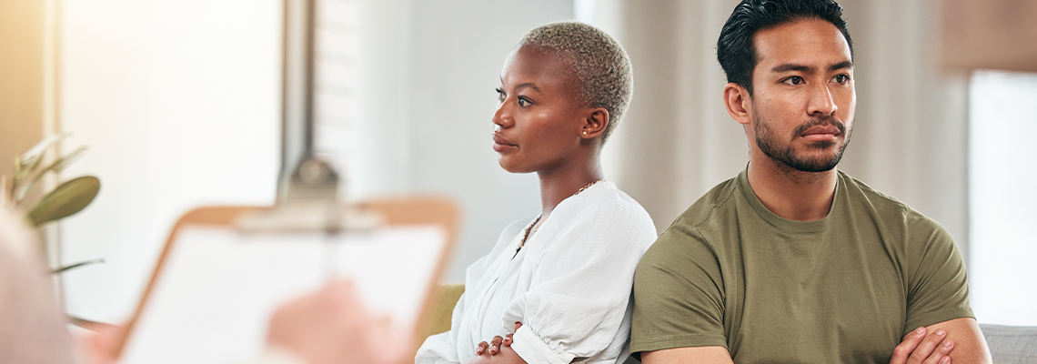 Anger, therapy and a couple in counseling for marriage, psychologist help
