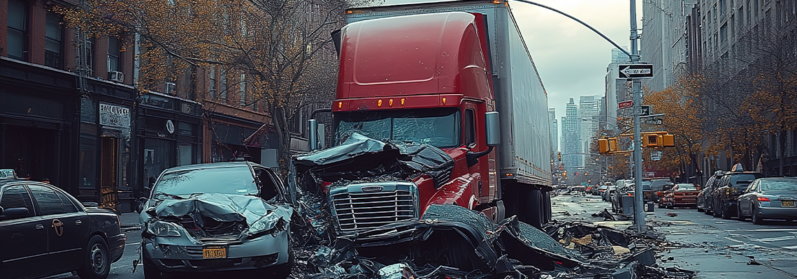 A truck and several cars involved in an accident on the streets