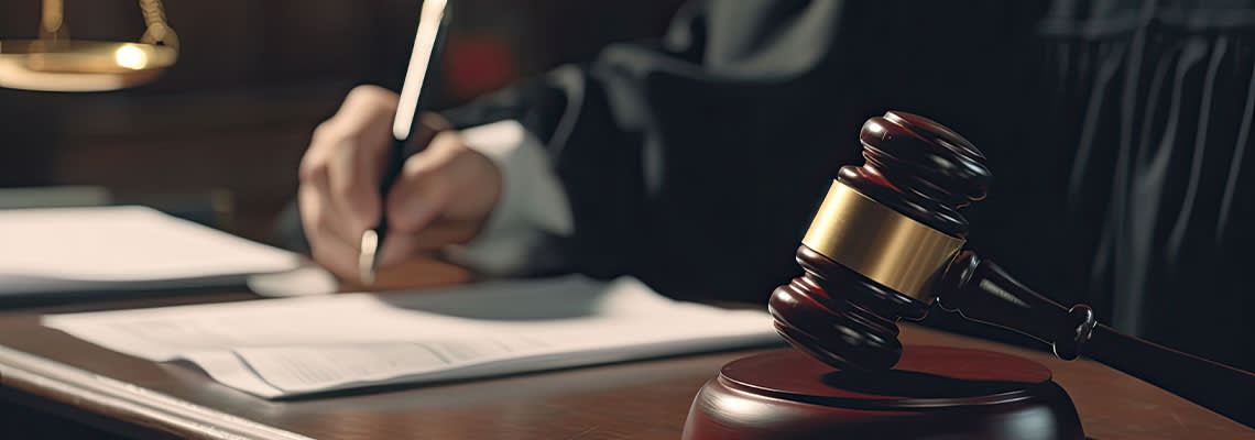 Judge in office reviewing criminal case at desk