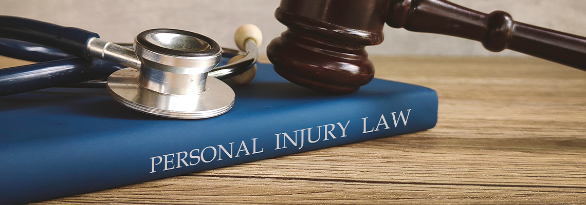 Gavel and stethoscope on a book titled PERSONAL INJURY LAW