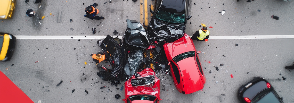Aerial view of a multi-car collision with emergency personnel responding
