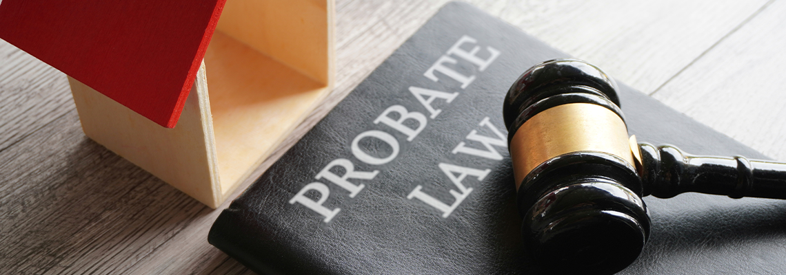Toy house, gavel and text PROBATE LAW