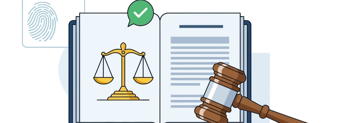 Open Book with Scales of Justice, Gavel, Fingerprint
