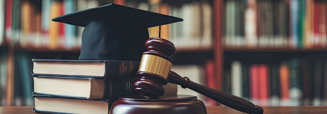 Graduation hat, books and gavel representing academic regulations