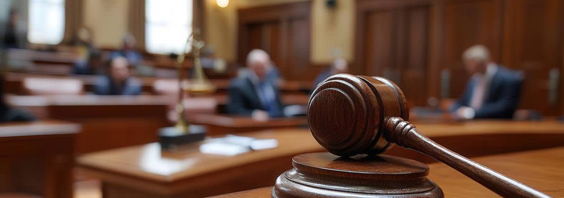 Close-up view of a gavel on a judge's bench in a courtroom