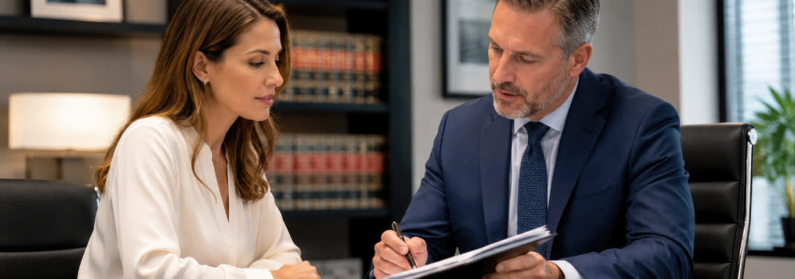 Women reviewing contract with attorney