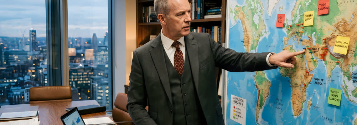 Businessman evaluating global risk