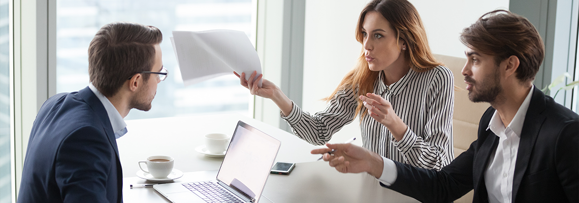 Diverse business partners disagree with company CEO on contract terms