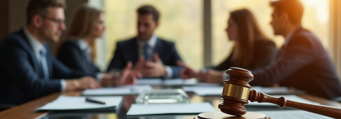 Shareholder meeting with gavel in table