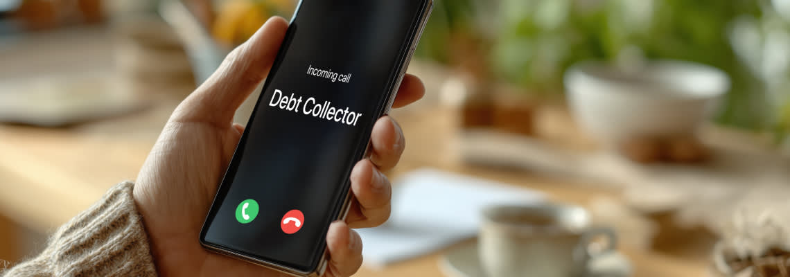 Hand holding phone with incoming call from debt collector