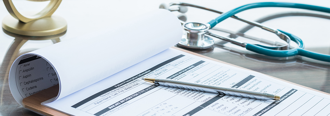 Medical health care record, patients discharge, or prescription form paperwork