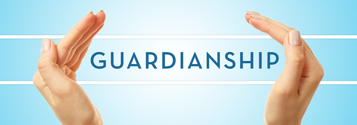 Female hands with word guardianship on blue background