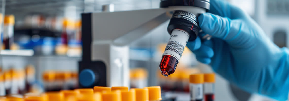 Lab technician analyzing blood sample under microscope