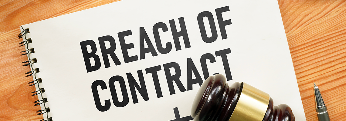 Breach of contract is shown using the text and photo of court gavel
