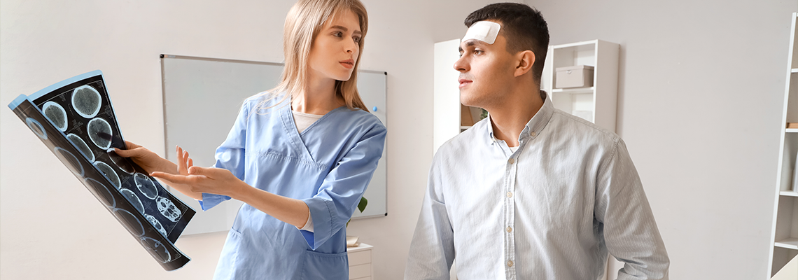 Female doctor and man with brain concussion examining MRI scan in clinic