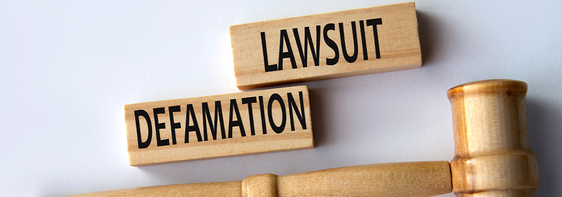 DEFAMATION LAWSUIT - words on wooden blocks on a white background with a judge's gavel
